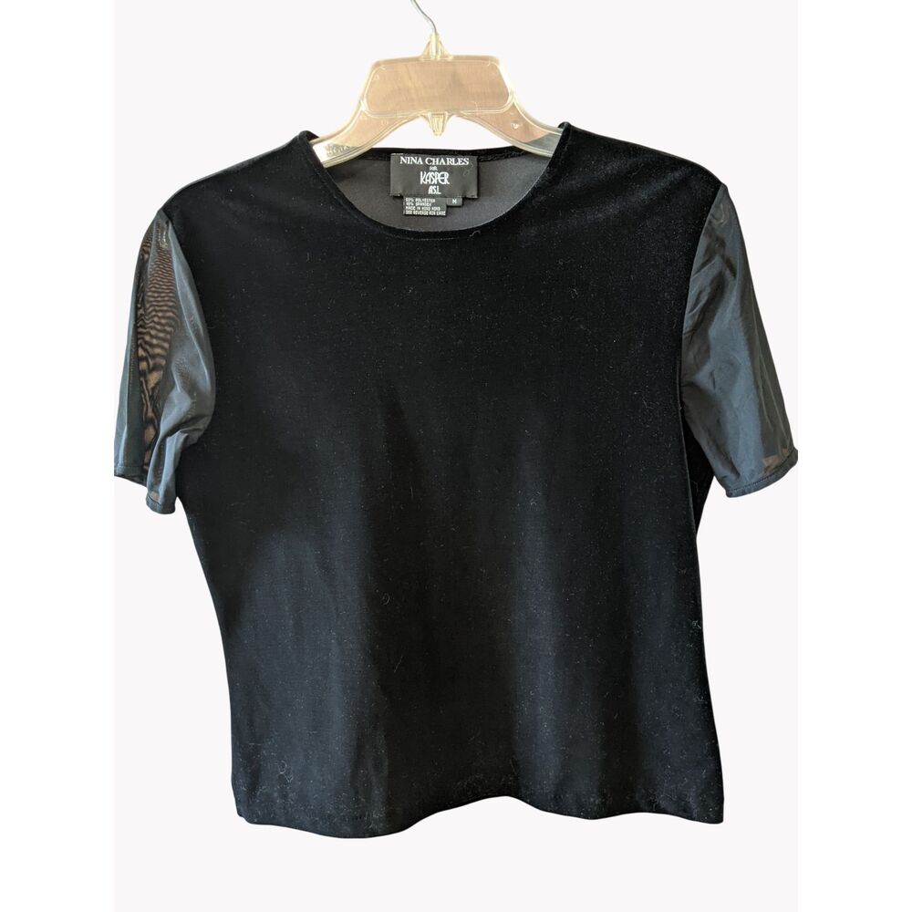 Vintage Y2K Nina Charles Black Velvet Tee T-Shirt Sheer Sleeve Whimsigoth Emo M